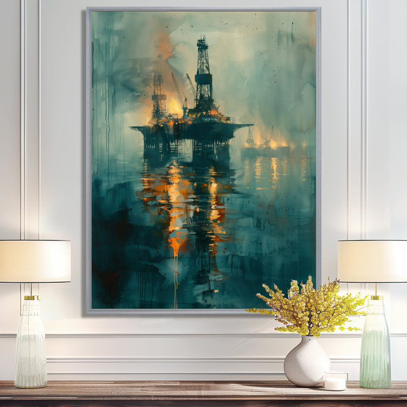 Plate-forme de pétrole bleue et jaune dans le golfe du Mexique, Toile argentée avec cadre flottant
