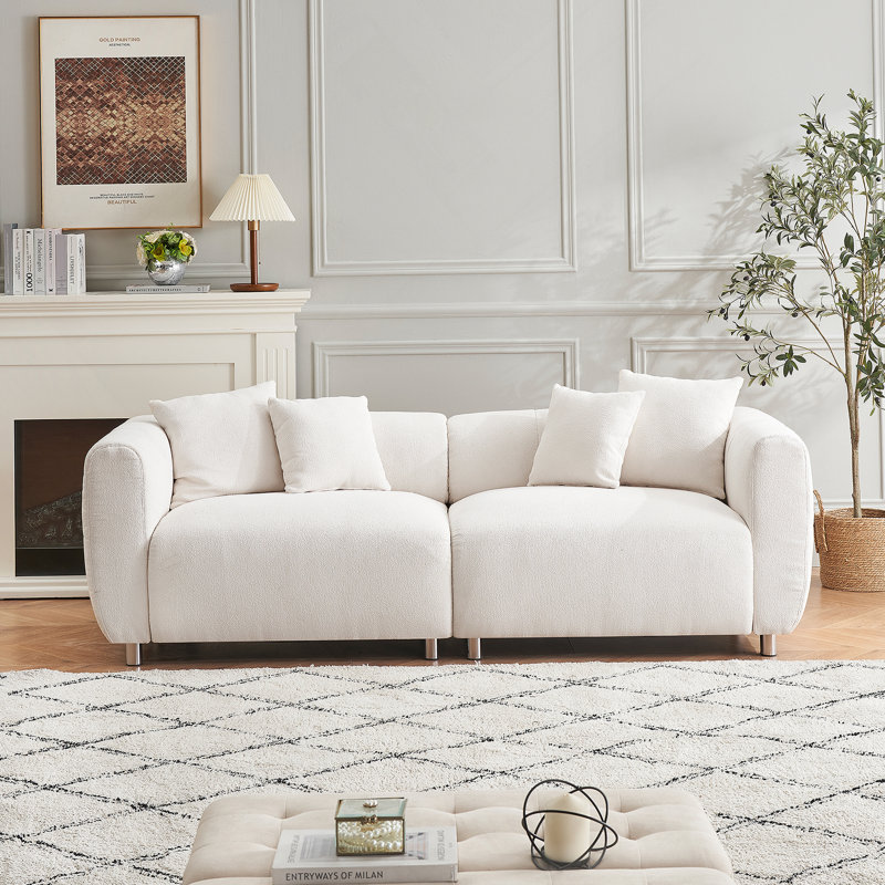Canapé à accoudoirs carrés de 88,98 po Olimpiu, Coton et lin beige, velours en peluche