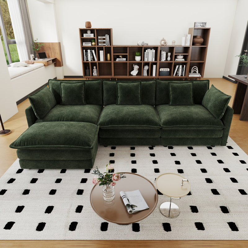 Living Room Set, L Shape Sofa, Chenille Sofa, 3 Seater, For Living Room, Green Chenille