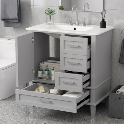 Ensemble de meuble-lavabo simple autoportant moderne 30 po avec lavabo en céramique et 3 tiroirs