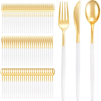 144Pcs Gold Plastic Silverware