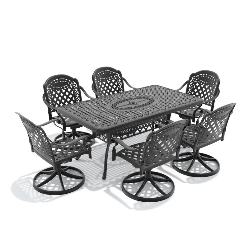 Ensemble de salle à manger d'extérieur 7 pièces en aluminium coulé 7 pièces avec 6 chaises pivotantes et coussins, noir