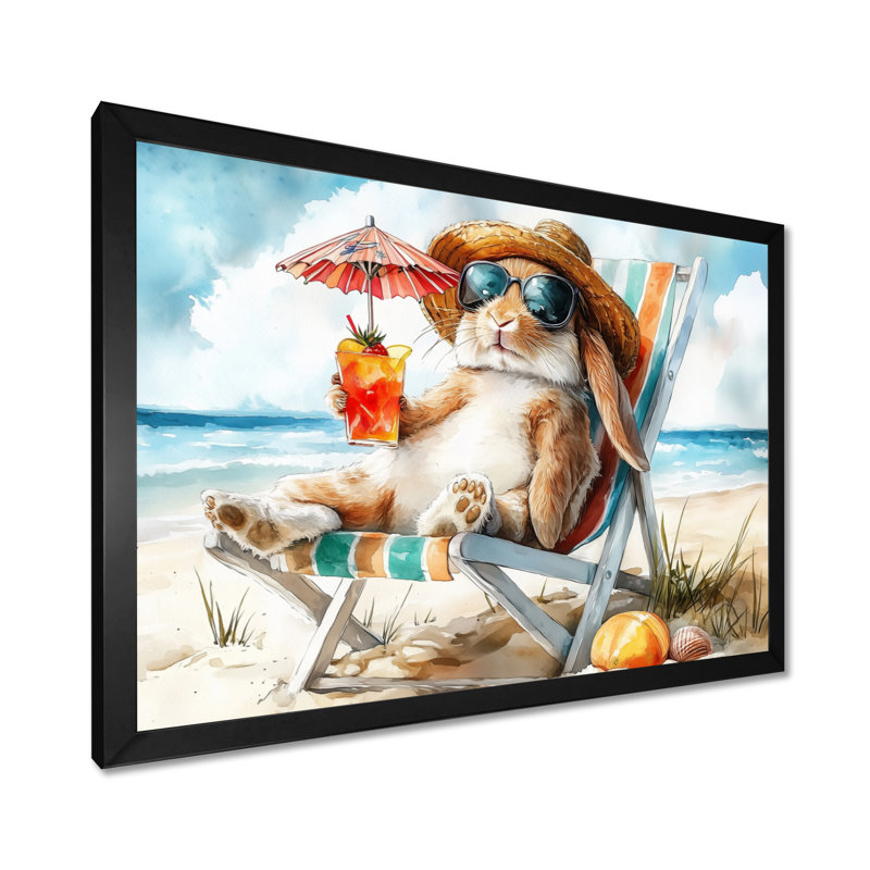 Lapin sur la plage relaxant - art mural animaux côtiers, Toile encadrée noire simple, H 12 po x l 20 po x P 1 po