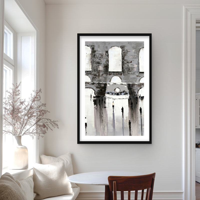 «Gray bâtiment with passersby» - reproduction d'art moderne encadrée