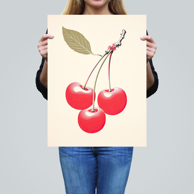 Wall Art Print Red Smudge Cherries on Stem with Leaf Bright Alabaster Retro Kitchen Painting Poster