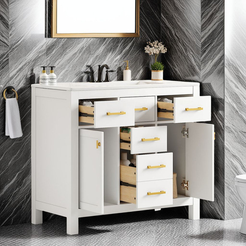 Ensemble de meuble-lavabo simple 36 po avec lavabo en céramique, Ivoire ivoire