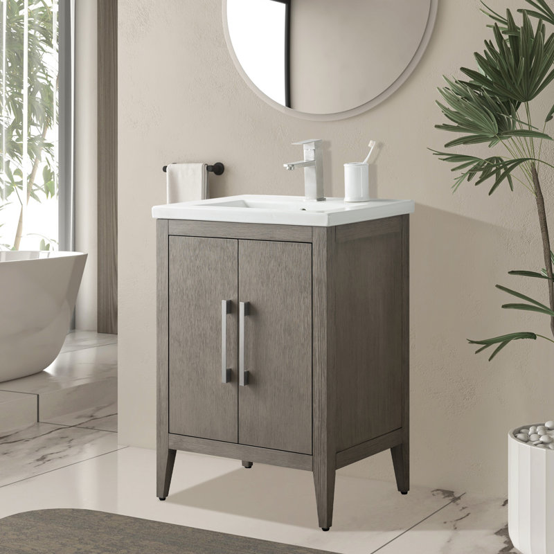 Meuble-lavabo simple 24 po avec plateau en céramique Chambery, Bois flottant gris, Nickel brossé