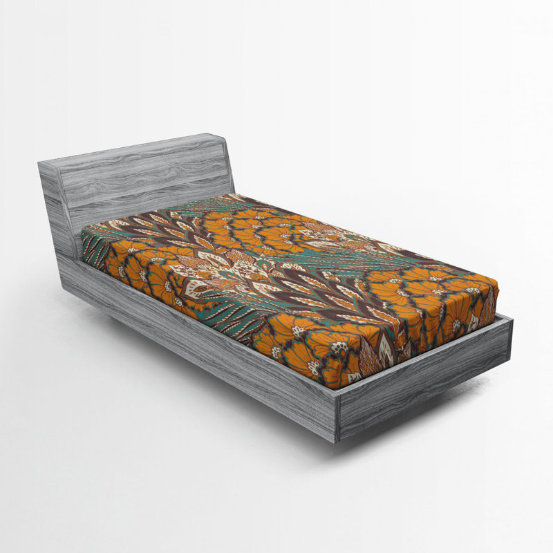 Microfiber Floral Fitted Sheet, Twin Fitted Sheet, Orange/Gray Floral 2