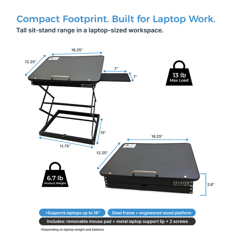 CD4 Adjustable Standing Desk Converter for Laptops with 4 Heights, Tilting Platform and Level Mouse Pad, Black