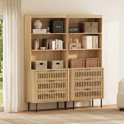 72.8" Tall 3 Tiers Bookshelf with Large Drawer, Modern Bookcase with Storage, Adjustable Shelves, Wood Display Storage Cabinet, Living Room, Bedroom，2 PCS