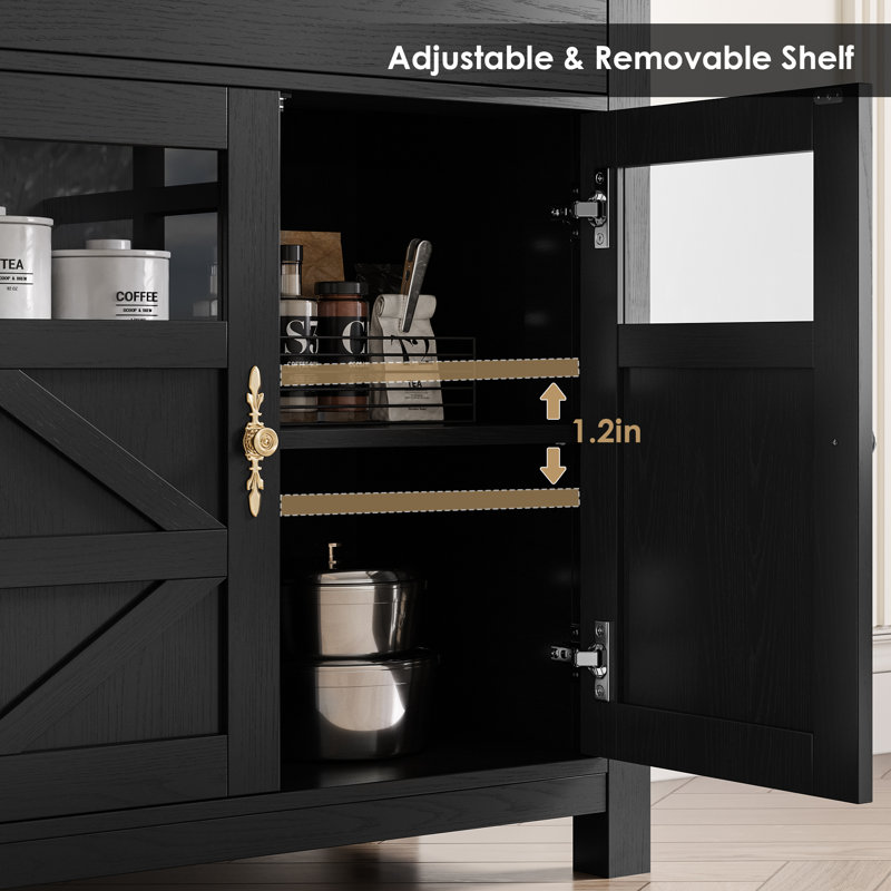 Black and Gold 55'' Farmhouse Sideboard with Glass Doors