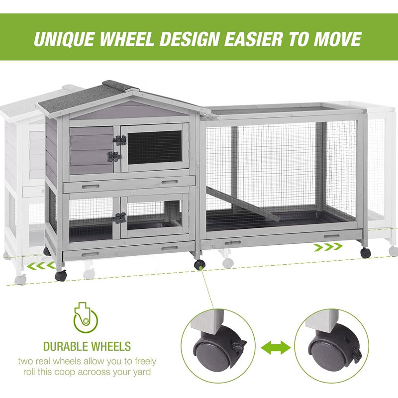  Outdoor Rabbit Hutch with Casters Rabbit Cage with 3 Pull Out Tray, Waterproof Roof
