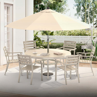 Table de salle à manger ronde en métal toutes saisons pour 4 à 6 personnes, avec trou de parasol et finition grès, parfaite pour les rassemblements de terrasse, de pelouse, de jardin et de cour