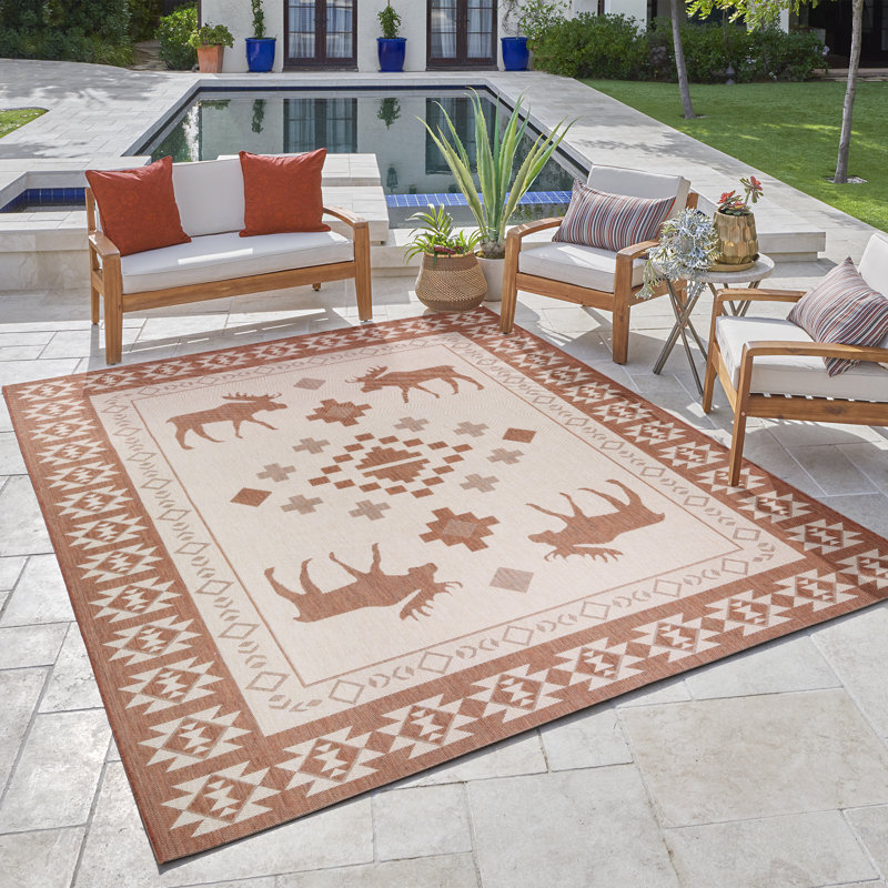 Solterra Timberhall Orange Cream Beige Rustic Lodge Moose Flatweave Polypropylene Indoor/ Outdoor Area Rug