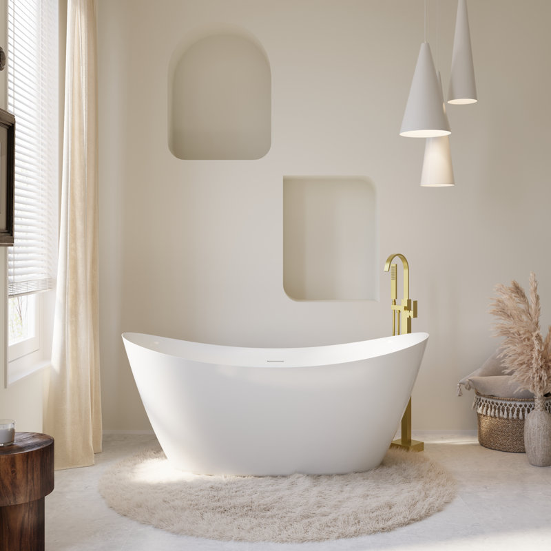 66 po, baignoire autoportante 68 gallons, 100% acrylique vierge pur avec drain et trop-plein, blanc brillant