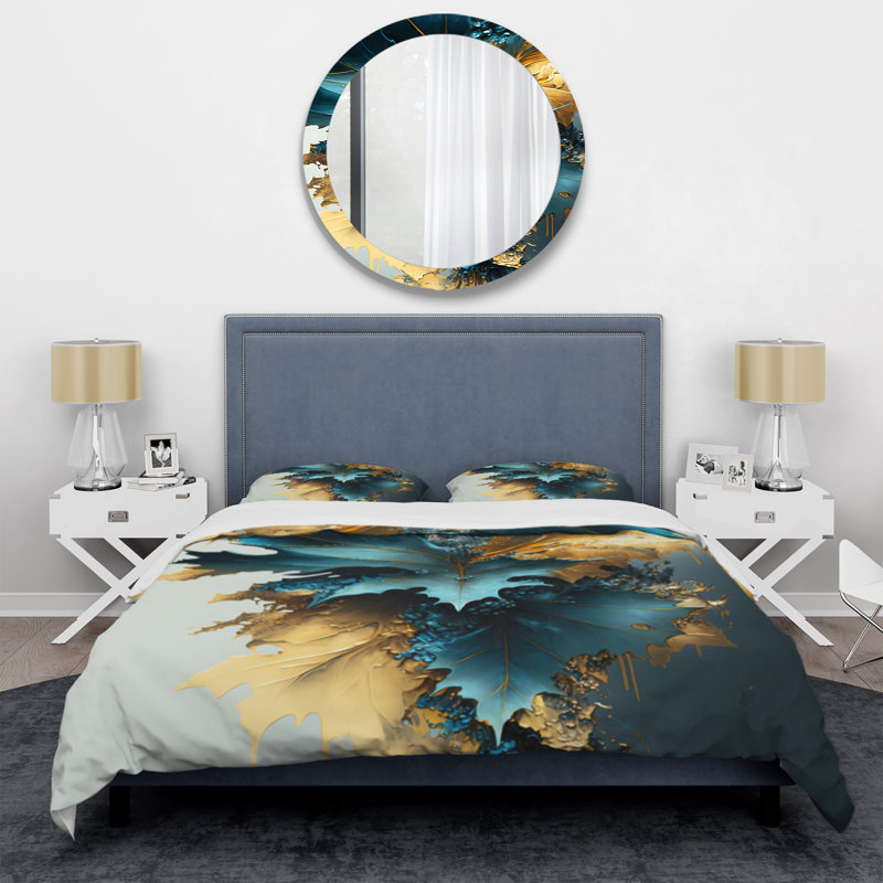 Ensemble de housse de couette en microfibre / polyester à motif abstrait feuilles bleues et dorées II