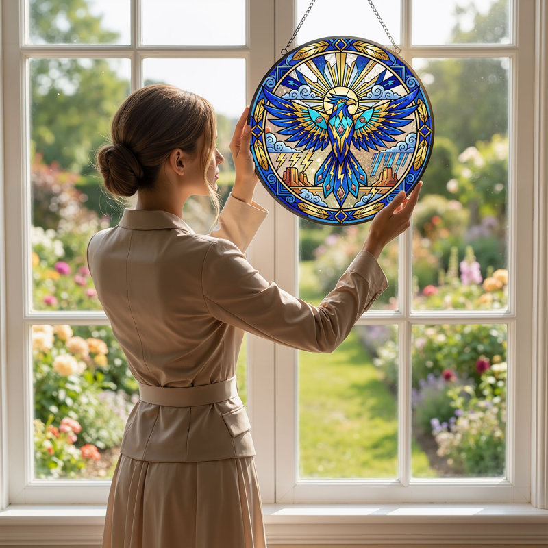 Thunderbird Sun Stained Glass Window Panel，12"H, 12"H