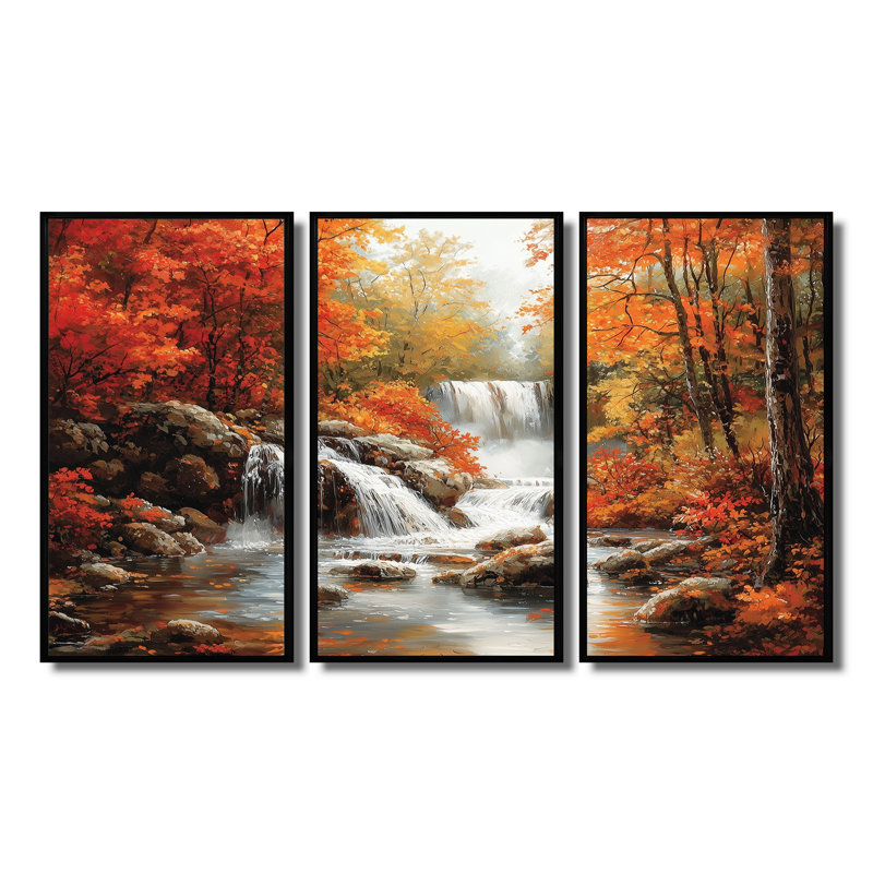 Ensemble de salon art mural orange automne, Toile avec cadre flottant noir, H 28 po x l 36 po x P 1 po