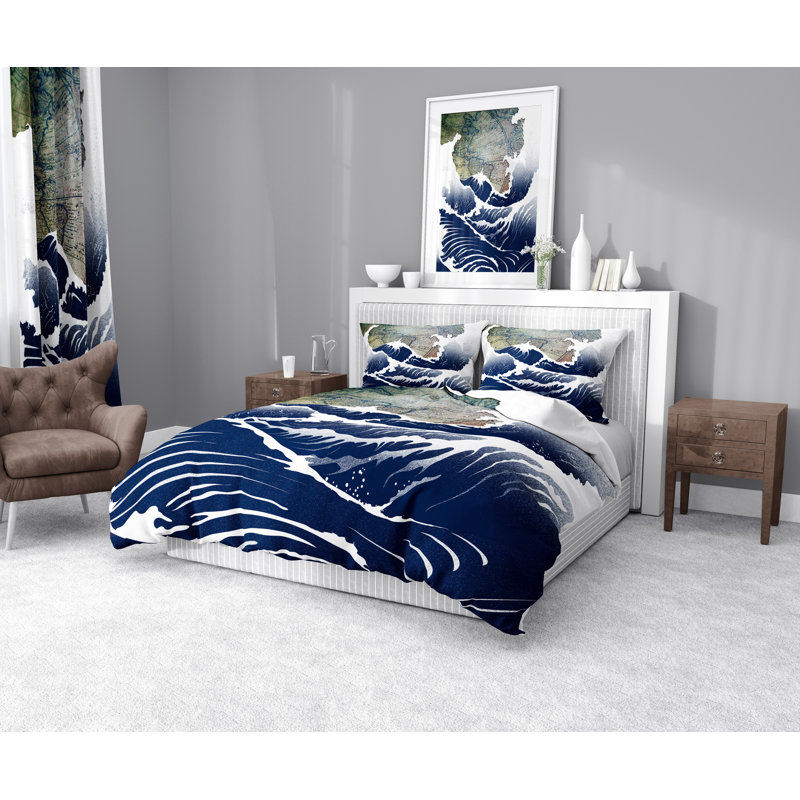  Ensemble de housse de couette en microfibre bleu, blanc et brun, Housse de couette pour grand lit + 2 taies décora