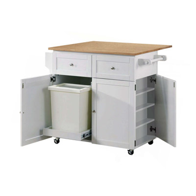 1Pc Modern Farmhouse 3-Door Mobile Kitchen Cart Natural Brown And White Solid Wood Dining Room Kitchen Furniture Push Open Doors Spice Rack Towel Racks Two Drawers Locking Casters