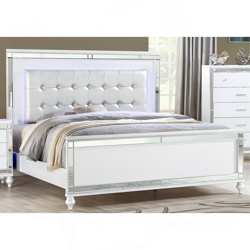 Sterling Upholstered LED Bed Made With Wood, Queen, White