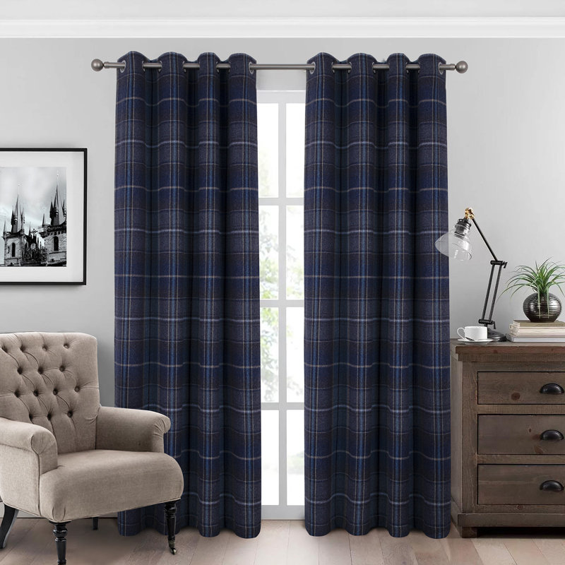 100% Blackout Curtains Check Eyelet Bedroom Tartan Curtain Plaid Brushed Cheque Pair of Highland Woolen Look Window Treatment for Living Room Green 46 * 54 Inches