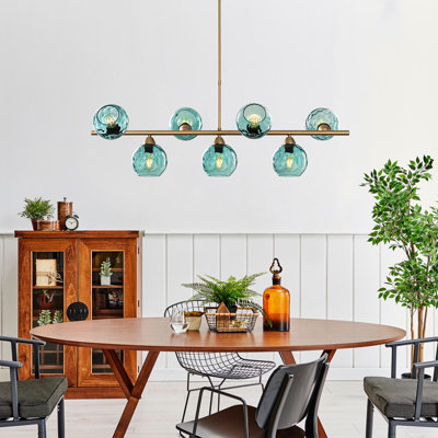 Elegant Blue and Gold Chandelier, Metal Body, 43.3 x 15.7 x 33.1 inches | 7 x E27 Sockets (Max 40W, Bulbs Not Included) | Stylish Lighting Fixture for Dining Room, Living Room, and Entryway, IP20 Rated