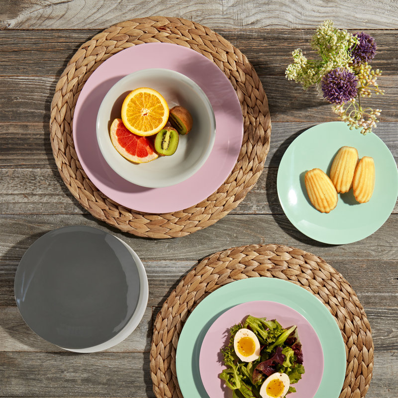 Pastel Pink Green Gray Melamine Dinnerware Set, Service for 4