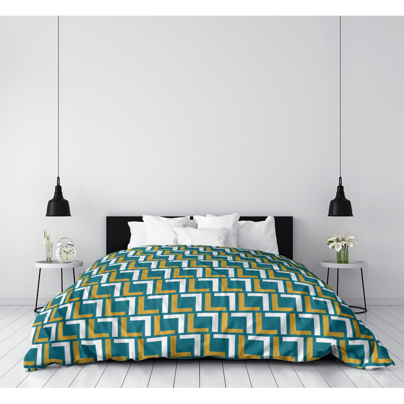 Housse de couette carrée simple, Polyester brossé, Housse de couette simple TG, Bleu sarcelle / or / blanc