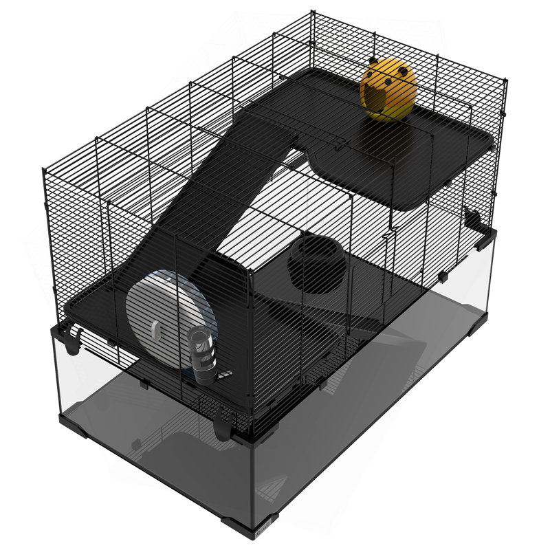 Cage à hamster PawHut, cage à gerbille de 31 po avec bassin en verre, rampes, plateformes, cabane, roue d'exercice, pour petits hamsters, noir