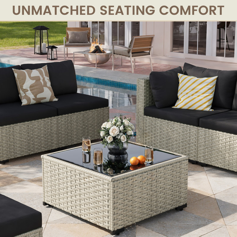 3 Pieces Rattan Patio Sofa With Cushions, Black
