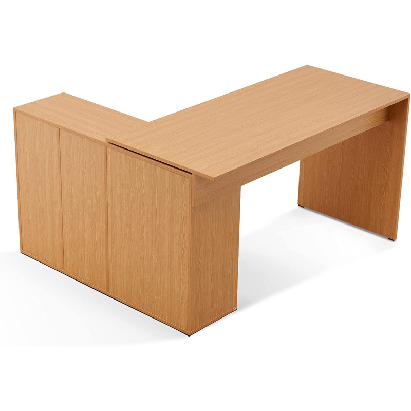 Eujin 53'' W L Shaped  Convertible Desk with Storage Drawer Printer Shelves and File Cabinet, Oak