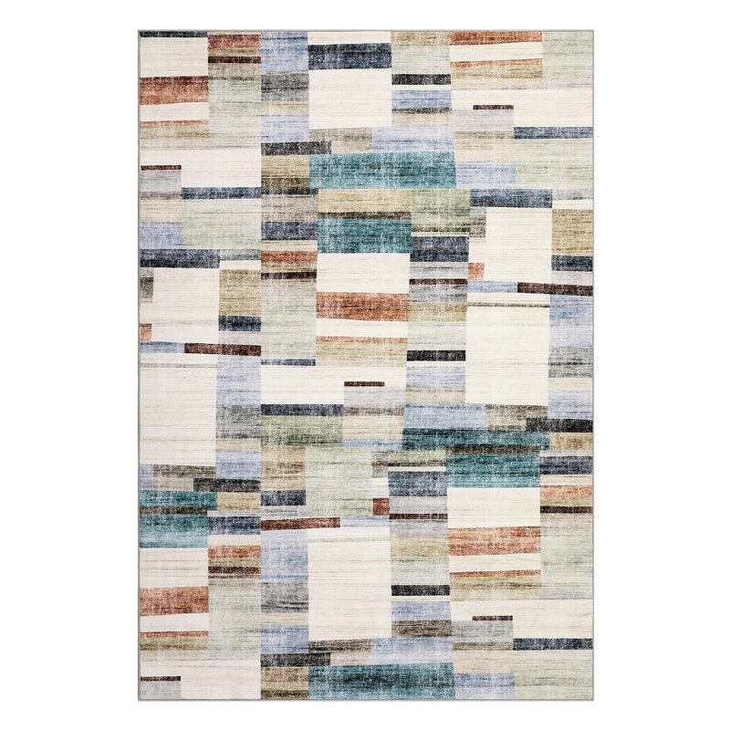 Modern Geometric Machine Washable Rug with Non-Slip Backing Non-Shedding Contemporary Accent Carpet Soft Low Pile Floor Cover for Living Room