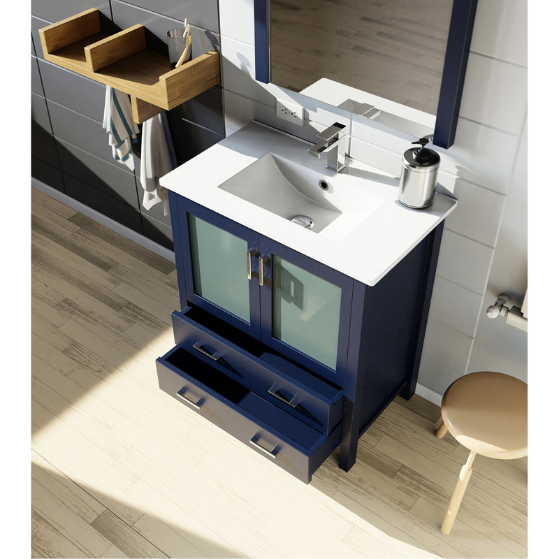 Bleu marine, 30 po W, meuble-lavabo, comptoir en céramique blanche, robinet monotrou, 28 cuves à miroir pleine grandeur ovales en acier inoxydable