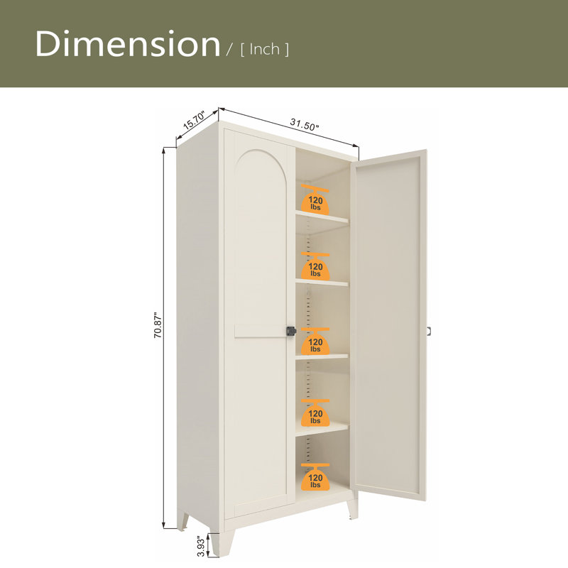 Armoire de rangement 71 po 2 portes avec serrure, armoire de rangement en métal avec portes et tablettes réglables, pour la cuisine, la chambre à coucher et le salon