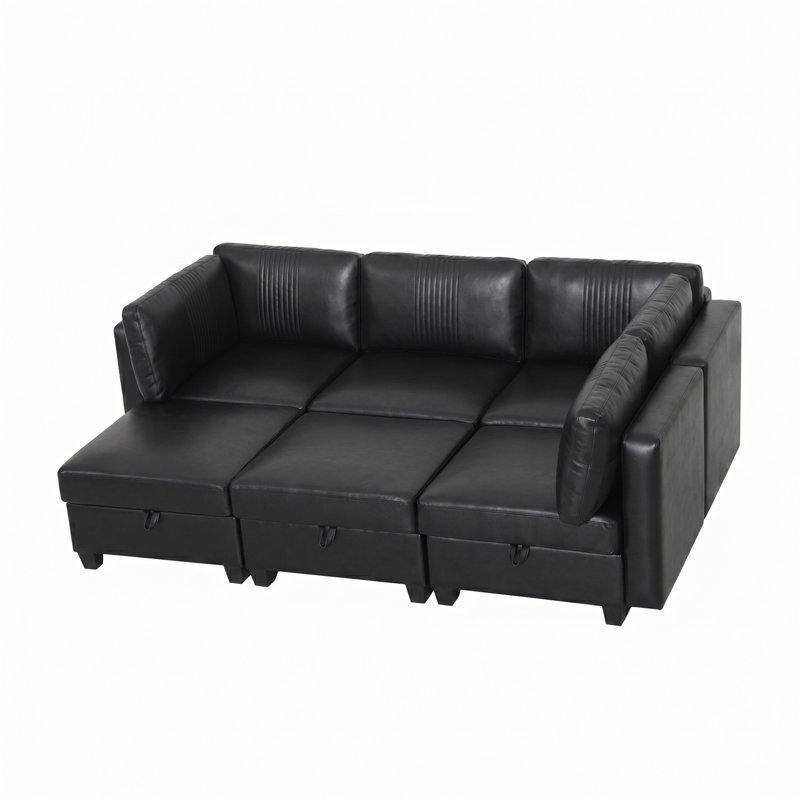 Canapé modulaire flexible en polyuréthane, Black Faux Leather, 35.43" H x 99.21" W x 70" D