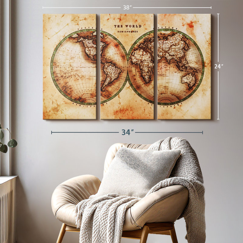 " Rustic Hemispheres Map " Print, 24" H x 38" W x 1.25" D