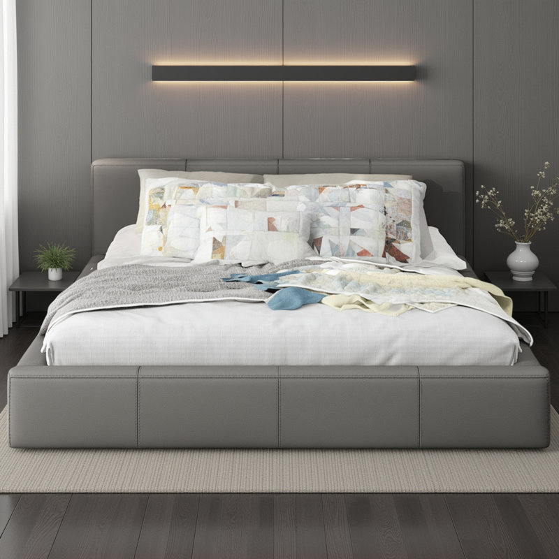 Lit plateforme double en similicuir avec lit tapissier pleine grandeur gris et structure en bois, sans sommier tapissier