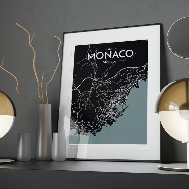 Monaco City Map, impression, Gris / noir, H 27,6 po x l 19,7 po