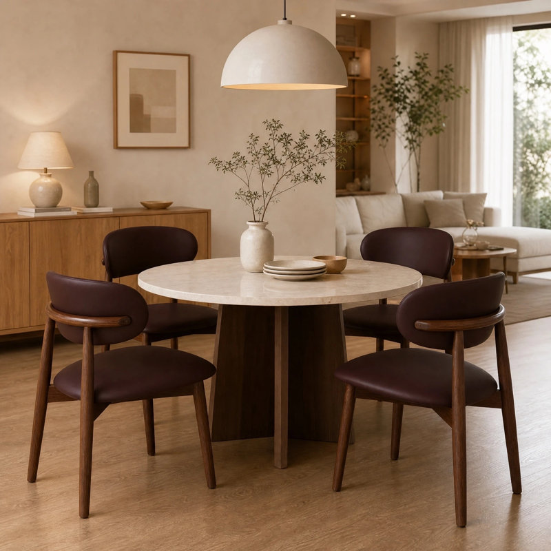 Chaise de salle à manger rembourrée de couleur cognac, dossier incurvé, structure en hévéa massif et accoudoirs en bois