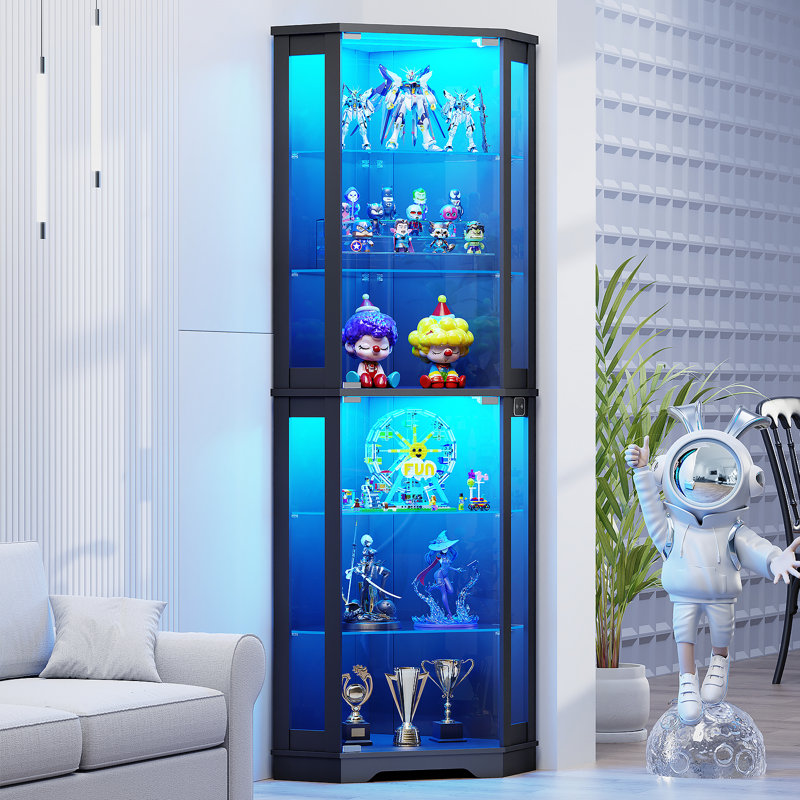  71" Corner Display Cabinet with Glass Doors, 6 Tier Curio Cabinet with 3 LED Lights, Black