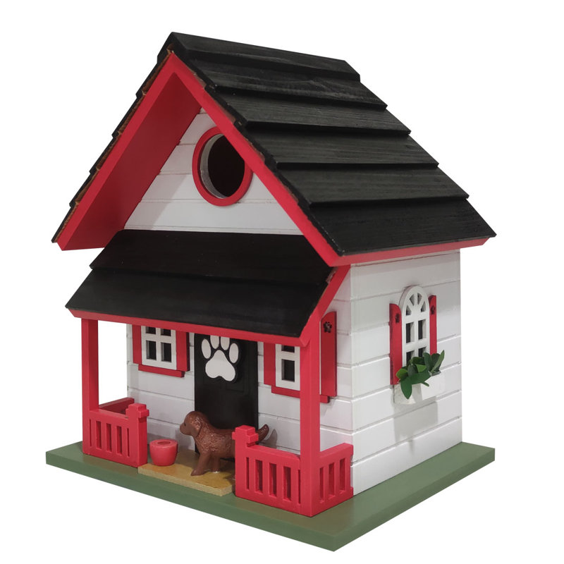 Red and White Wooden Dog-Themed Birdhouse