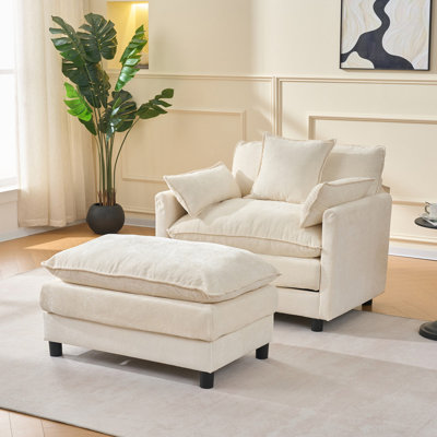 Fauteuil d'appoint rembourré en chenille de 39,4 po avec repose-pieds beige moderne pour salon