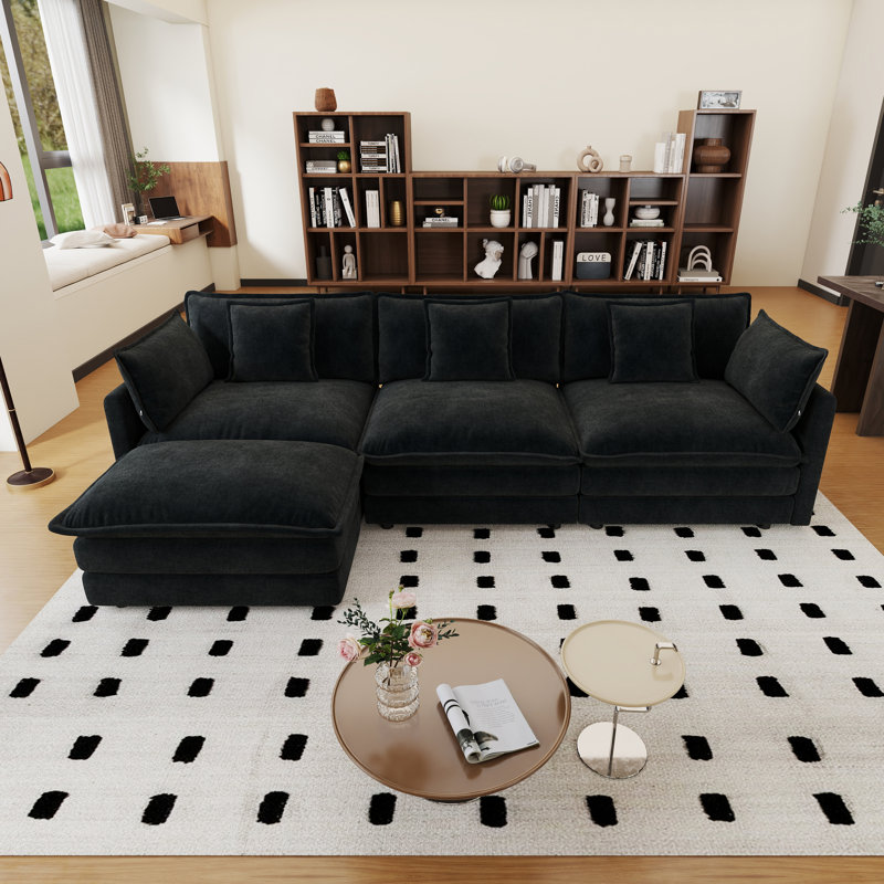 Living Room Set, L Shape Sofa, Chenille Sofa, 3 Seater, For Living Room, Black Chenille