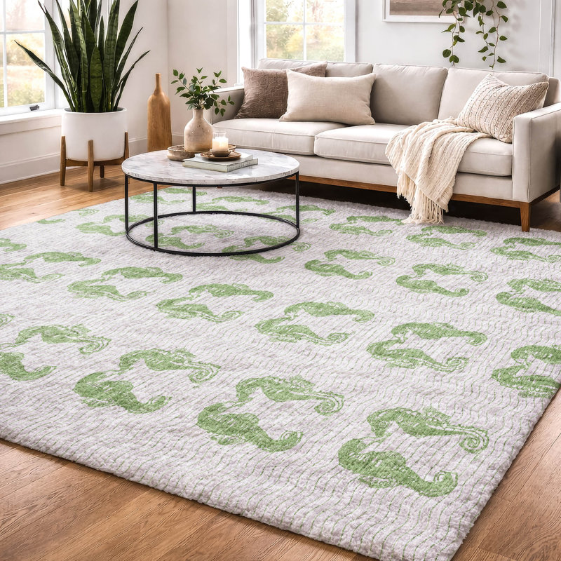 Premium Machine Washable Dream Shag ADS194 Seahorses Rug, 8' x 10', Green