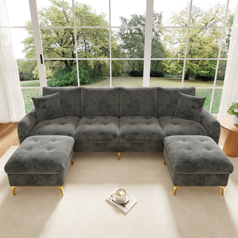Sofa 4‑Seater with 2 Storage Ottomans, Gray