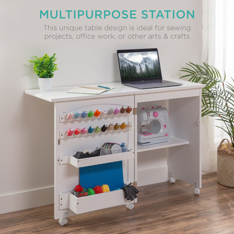 Espresso Compact Folding Sewing Table with Storage and Wheels
