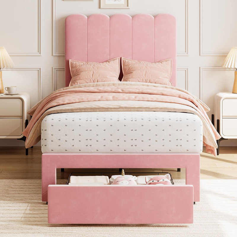 Twin Bed Frame With Under-Bed Drawer, Velvet Upholstered Platform Bed, Pink