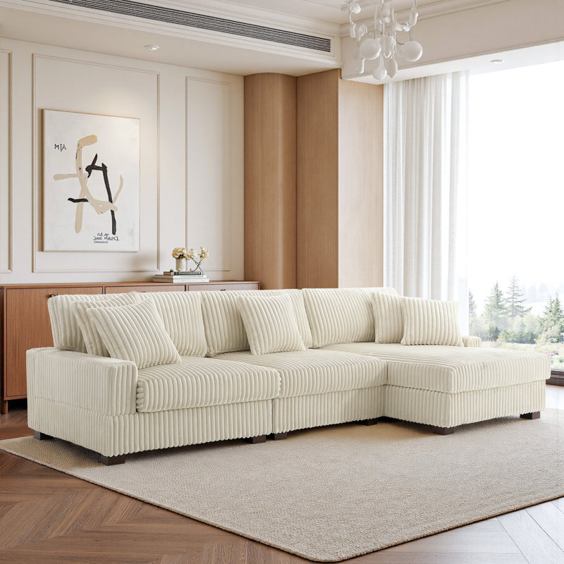 3 Seater Sectional, White Polyester/Foam Padding