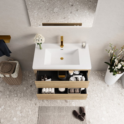 Meuble-lavabo de salle de bain 36 po avec rangement flottant, comptoir en résine de pierre, tiroirs à fermeture en douceur, chêne entièrement assemblé pour un rangement mural sécuritaire et spacieux - lavabo suspendu, conception, finition, installation sans effort